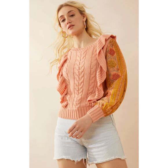 NWT Boutique Boho Peach Ruffled Mixed Media Sweater by Bohera - Picture 5 of 6